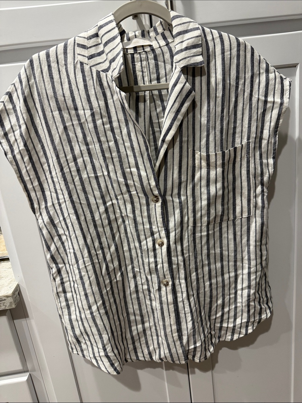 Mango White & Navy Striped Short-Sleeve Button Down Shirt